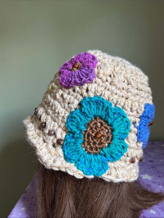 crochet hats Accessories - Crochet Flower Beanie with Turquoise and Purple Accents acrylic hemp yarn